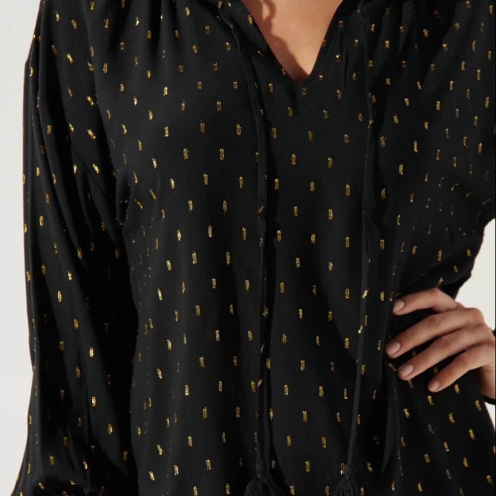 Sugarlips Black Long Sleeve Relaxed Blouse with Tie Front and Mandarin Collar